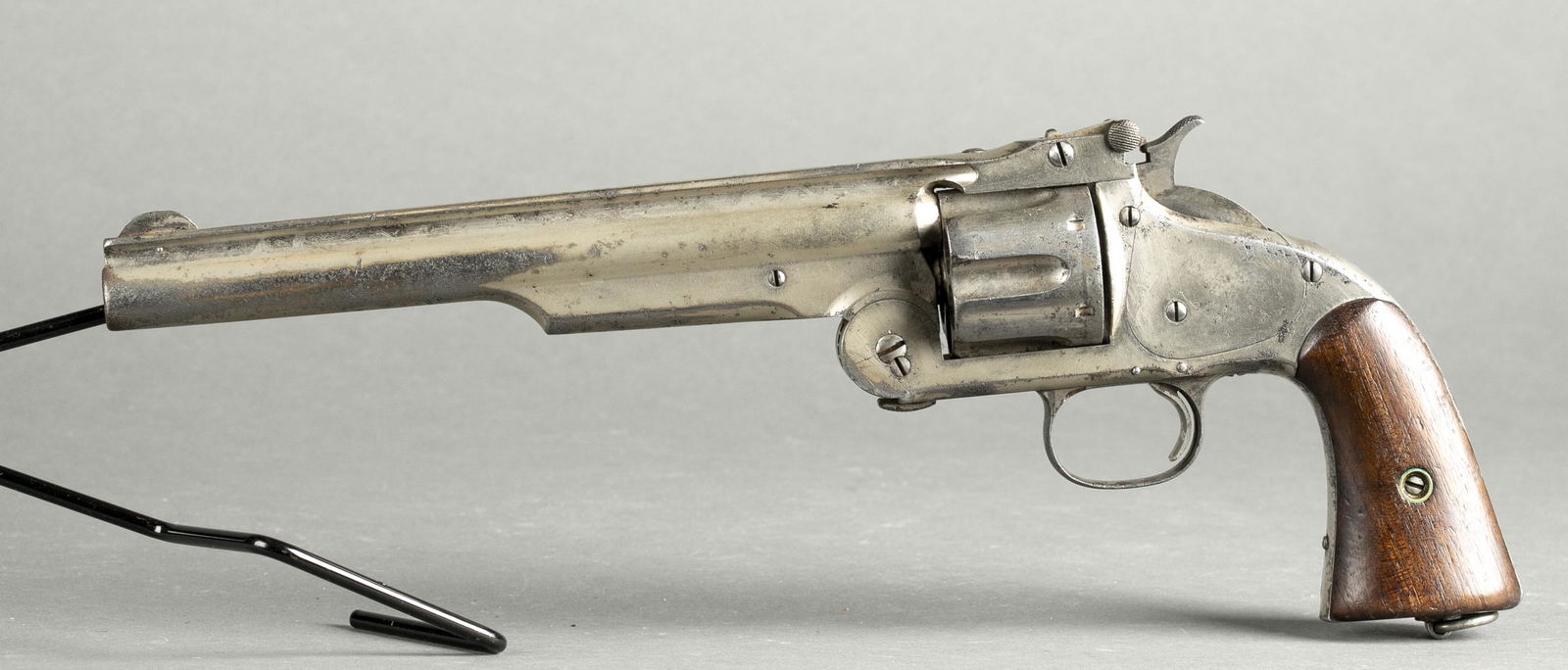 S&W No. 3 Model 1 American revolver .44 cal.: [Antique Firearm] A Commercial Smith & Wesson No. 3 American First Model Transitional single action revolver, .44 American S&W. Manufactured circa 1870-1872. Nickel plate finish. 8" fluted barrel. Bar