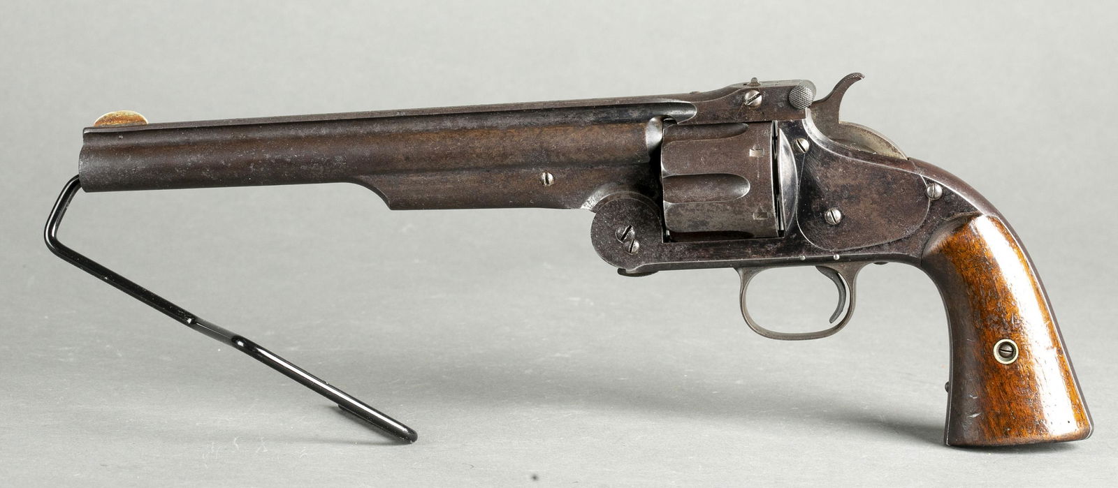 S&W No. 3 Model 1 Russian revolver, .44 cal.: [Antique Firearm] A Commercial Smith & Wesson Old, Old Model No. 3 Russian First Model single action revolver, .44 S&W Russian. Manufactured circa 1871-1874. Blued finish. 8" fluted barrel. Barrel rol