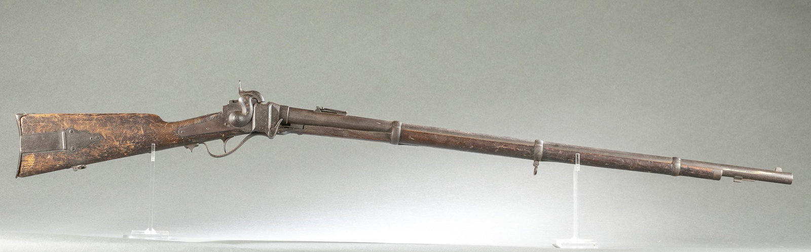 Sharps New Model 1859 rifle: Antique Firearm] A Sharps New Model 1959 military rifle, .50 cal. Featuring uncommon 36" barrel with six groove rifling and lug for saber bayonet. Top of barrel near breech marked "NEW MODEL 1859" and