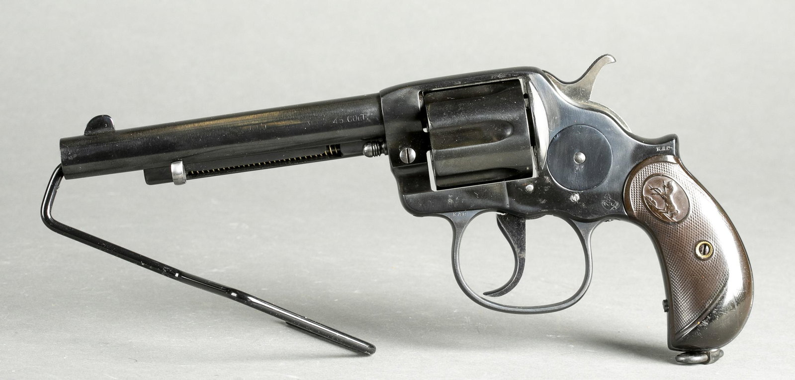 Colt 1902 "Phillipine" DA revolver, .45 cal.: [Modern Firearm] A Colt 1902 "Phillipine" or "Alaskan" double action revolver, .45 cal. Blue finish. 6" round barrel with Colt address roll on top of barrel. "RAC" inspector stamps on right side of tr