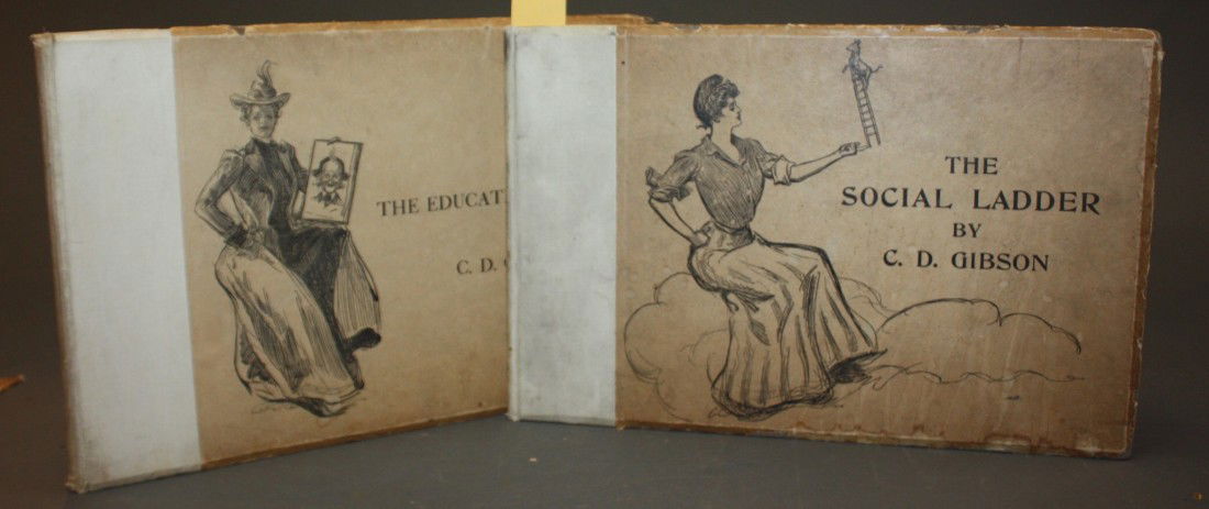 2 Titles: Gibson ...MR. PIPP + ...SOCIAL LADDER.: [Caricature/Charles Dana Gibson]. 2 Titles. ++ The Education Of Mr. Pipp. NY: R. H. Russell, 1899. ++ The Social Ladder. NY: Russell/ Lon: John Lane, 1902. ++ Oblong 4to. Matching quarter cloth and pa