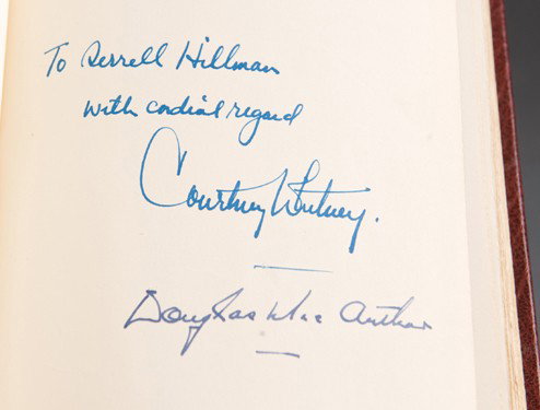 MACARTHUR. 1956. Signed by MacArthur and Whitney.: [WWII]. Courtnay Whitney. MacArthur: His Rendezvous with History. NY: Alfred A. Knopf, 1956. 8vo.