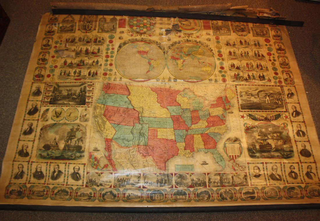 The Cottage Ornament. [US Wall map, ca1857-1858].: [United States]. The Cottage Ornament. Map of the United States, with small hemisphere maps, lavishly surrounded by engraved illustrations of the signing of the Declaration of Independence, 2 naval ba