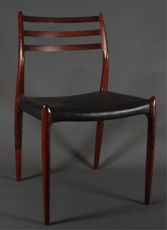 7 Niels / J.L. Moller Danish Modern Dining Chairs.: Group of 7 Danish Modern dining chairs. c.1976. Each with makers mark/stamp and Danish control mark. 32"h x 19"w x 17 1/2"d.