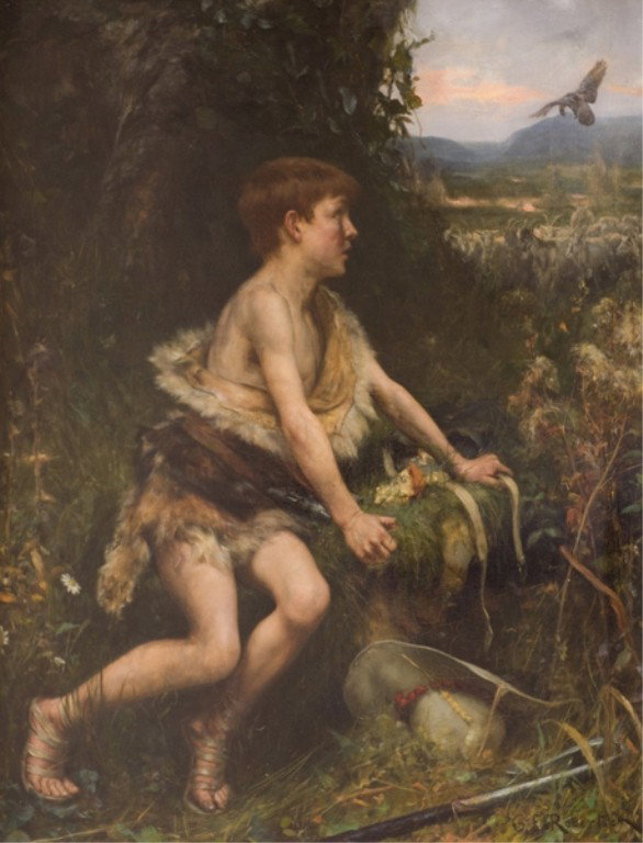 George Edward Robertson "Goat Boy.": Robertson, George Edward. (Eng., 1864-1926). "Goat Boy." Shepherd boy watching over flock of goats and bird. Oil on canvas. Signed At lower right. "G E Robertson". Gilt frame. 44 1/4" x 34 1/2". Frame