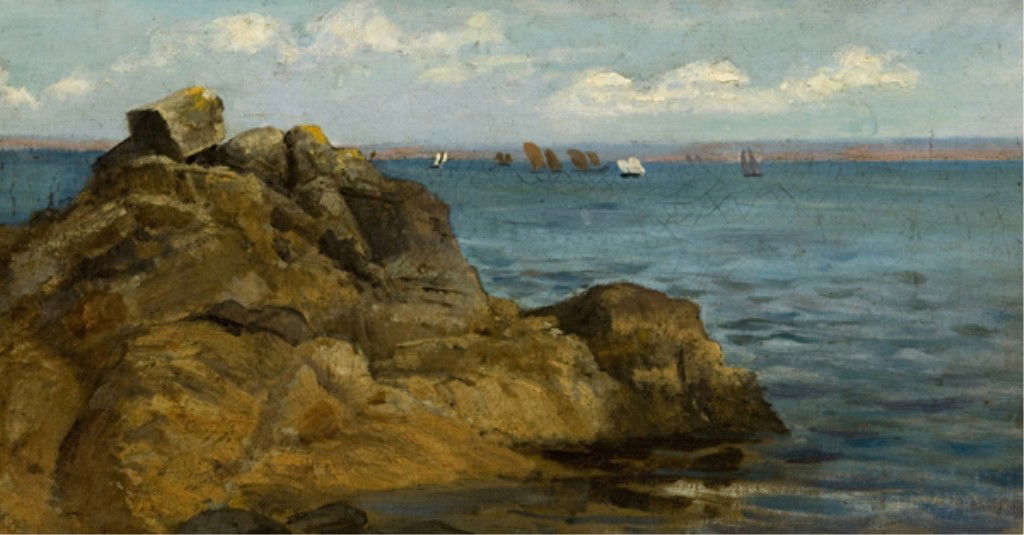 Coastal scene in the manner of W.S. Haseltine.: "Off the Coast". In the manner of William Stanley Haseltine (U.S./Italy, 1835-1900). 19th century. Coastal scene with ships and craggy rocks. Oil on canvas. Signed Reverse. "W.S. Haseltine". Gilt fram