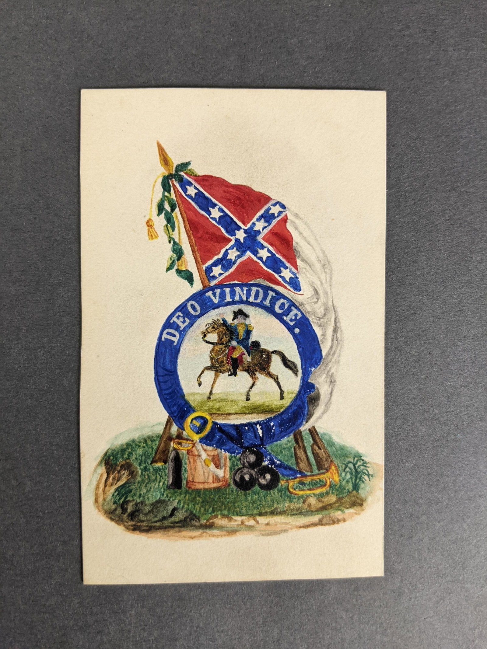 Original Confederate W/C Patriotic Card.: [Manuscript] An original watercolor on paper card. Depicts George Washington at the center of a blue border circle, in a full length portrait, wearing a Continental military uniform and sitting on a h