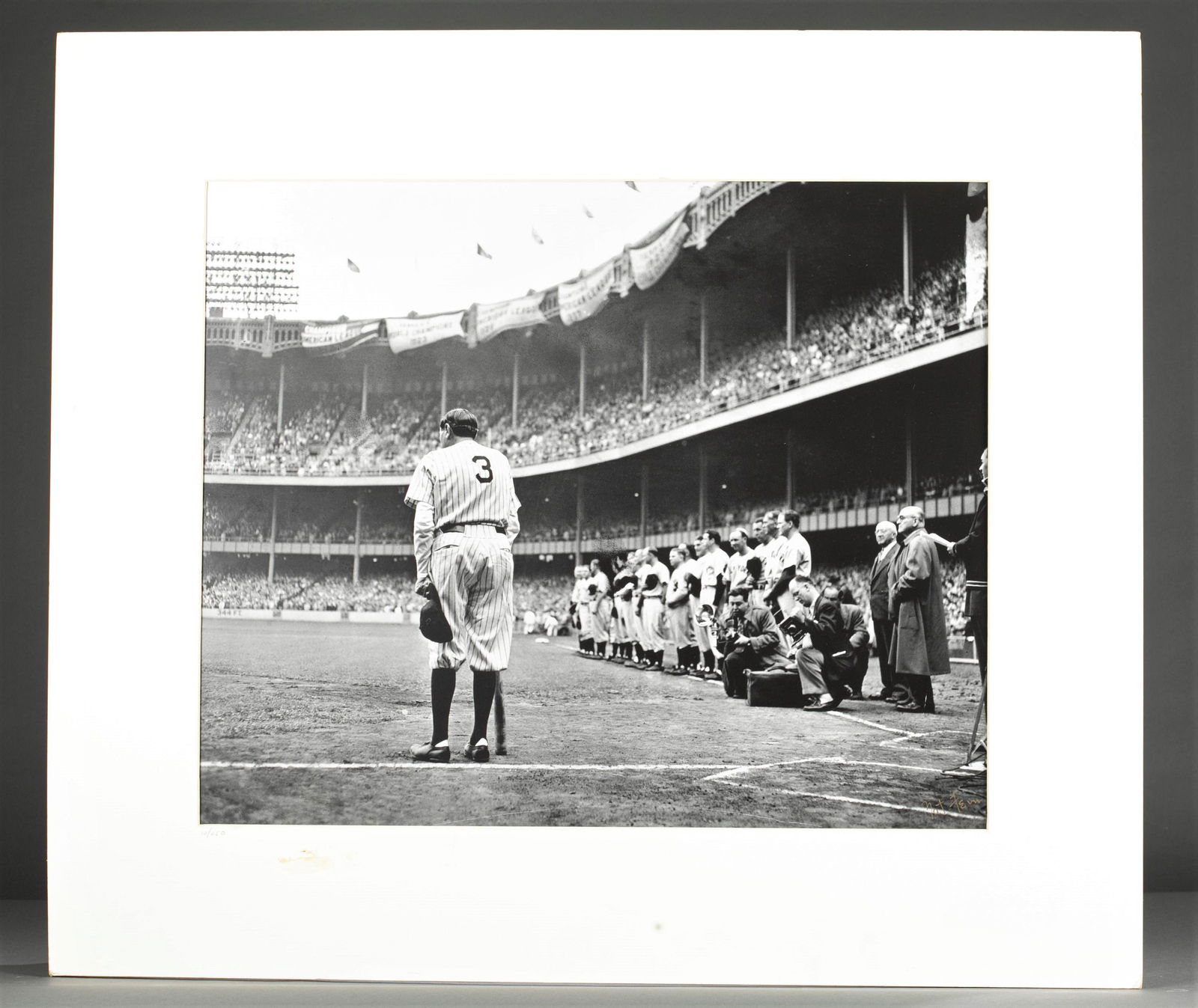 Nat Fein. The Babe Bows Out. Signed Photograph.: [Baseball] [Ruth, Babe] Fein, Nat. Babe Bows Out. June 13, 1948. Photograph print, c.1992. Signed by Nat Fein in gold pen in l.r. of image. Edition 10 of 250. Edition in pencil in l.l. on matting. Ima