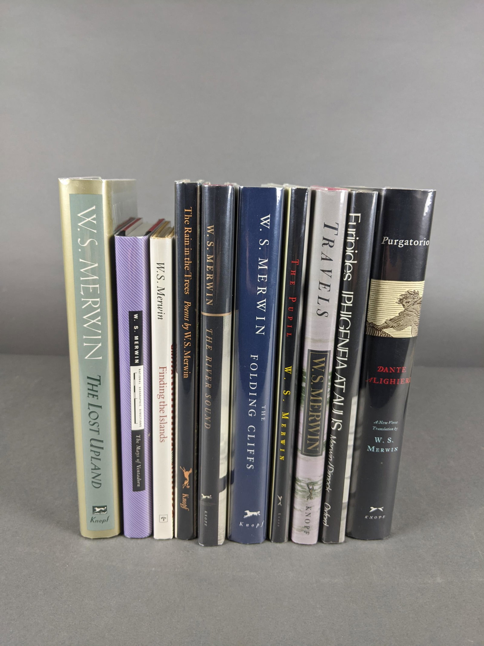 10 vols. W.S. Merwin Signed Books.: [Signed] 10 volumes. W.S. Merwin. Each book signed/inscribed by the later U.S. Poet Laurete and Winner of the Pulitzer Prize for Poetry. Titles are The Lost Upland, The Mays of Ventadorn, Finding the 