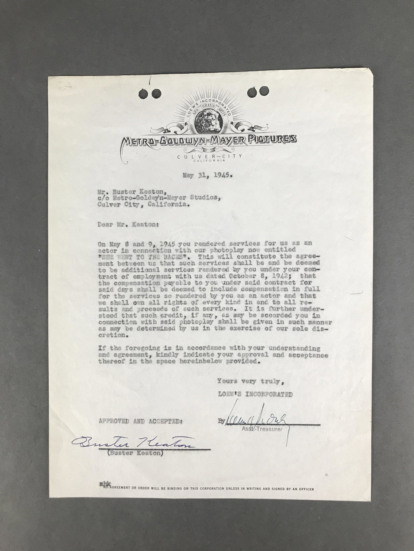 Buster Keaton Signed TLS/Contract: [Autograph Pop Culture] TLS/typed contract signed by Silent Film star Joseph Frank "Buster" Keaton (1895-1966) Written on Metro-Goldwyn-Mayer Pictures (MGM) letter head, dated May 31, 1945, regarding 