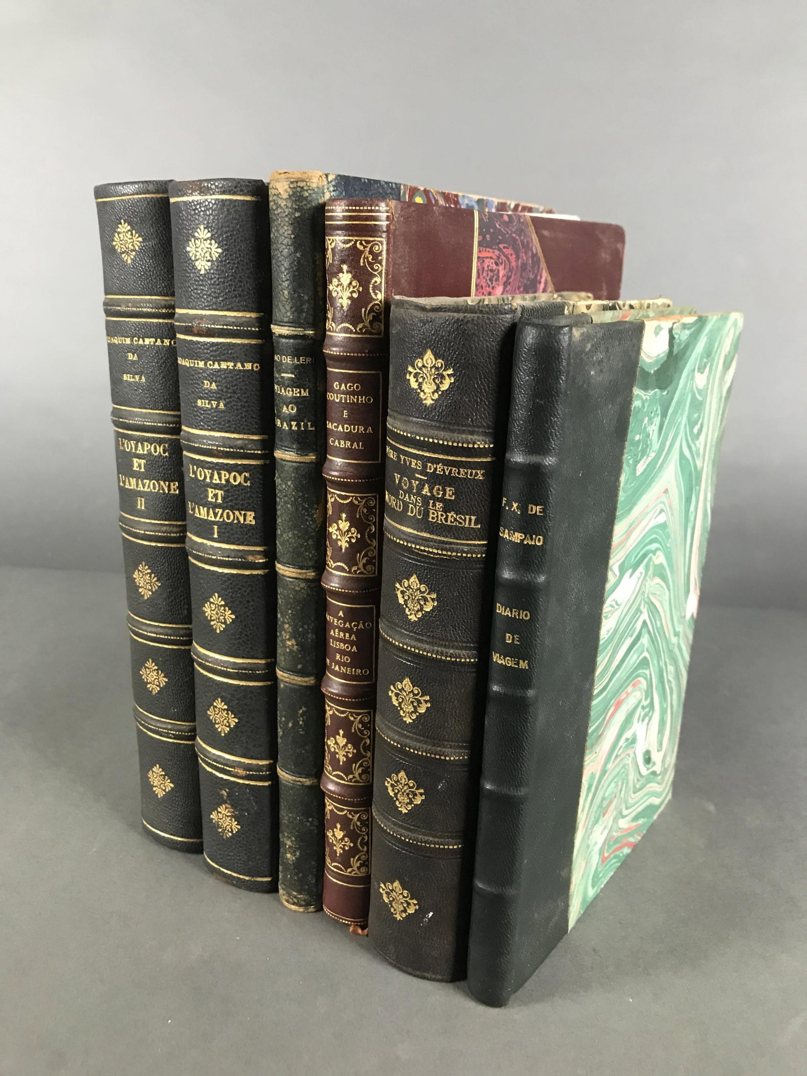 6 Volumes on Brazil; French and Portuguese: [Brazil] "Diario Da Viagem" Francisco Xavier Ribeiro De Sampaio. Lisboa, Na Typografia Da Academia. 1825.Condition is fair to good, half leather with marbled paper panels. Some notations in text block
