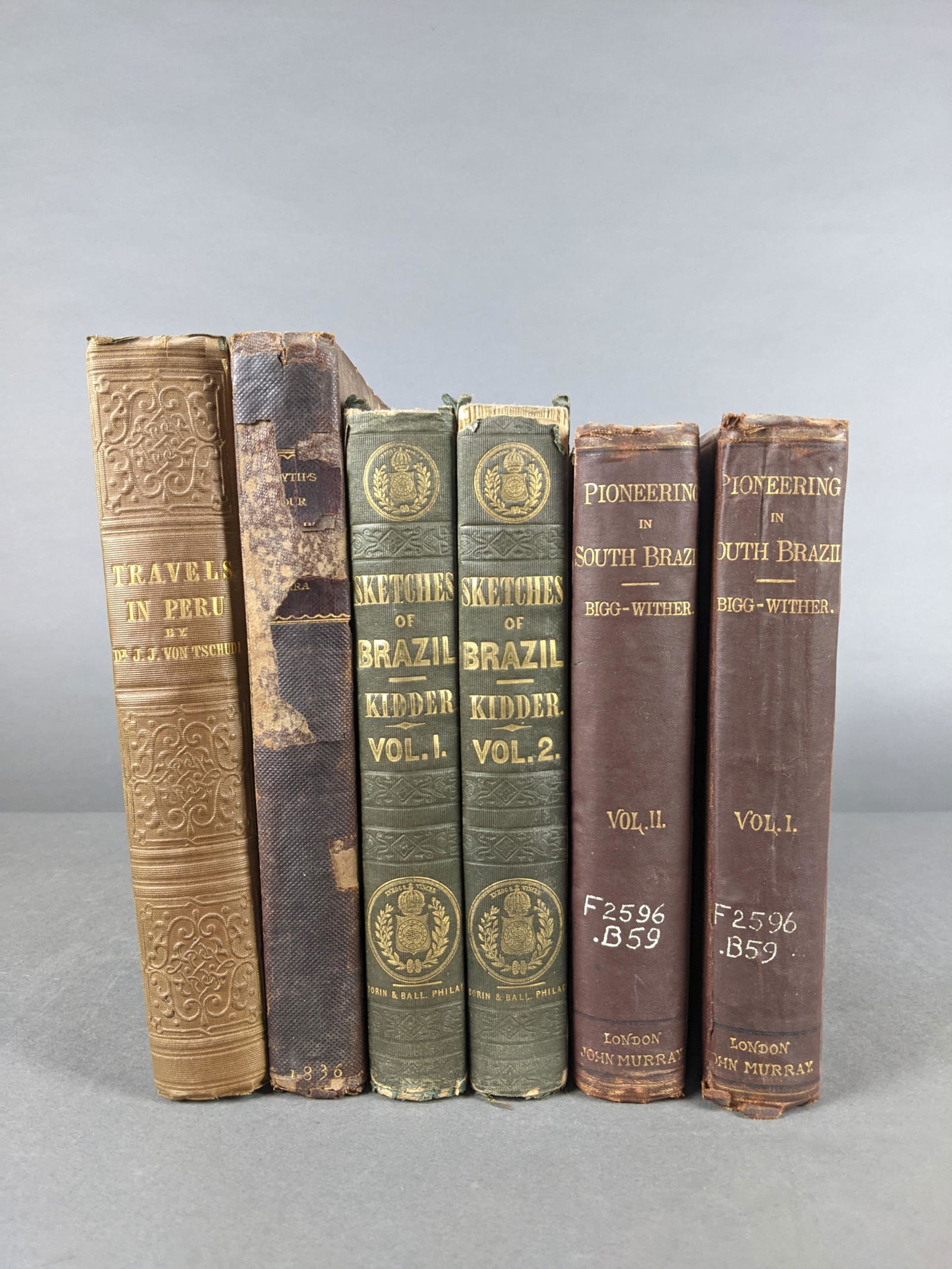 6 vols. Travels in Brazil and Peru.: [Travel] 6 volumes. (1) Smyth W.; Lowe F. Narrative of a Journey from Lima to Peru. John Murray, London, 1836. 8vo. vii, [1], 305 pp, [2], 8 pp. 10 plates, 2 maps, 1 plan. Original maroon cloth. (2) 2