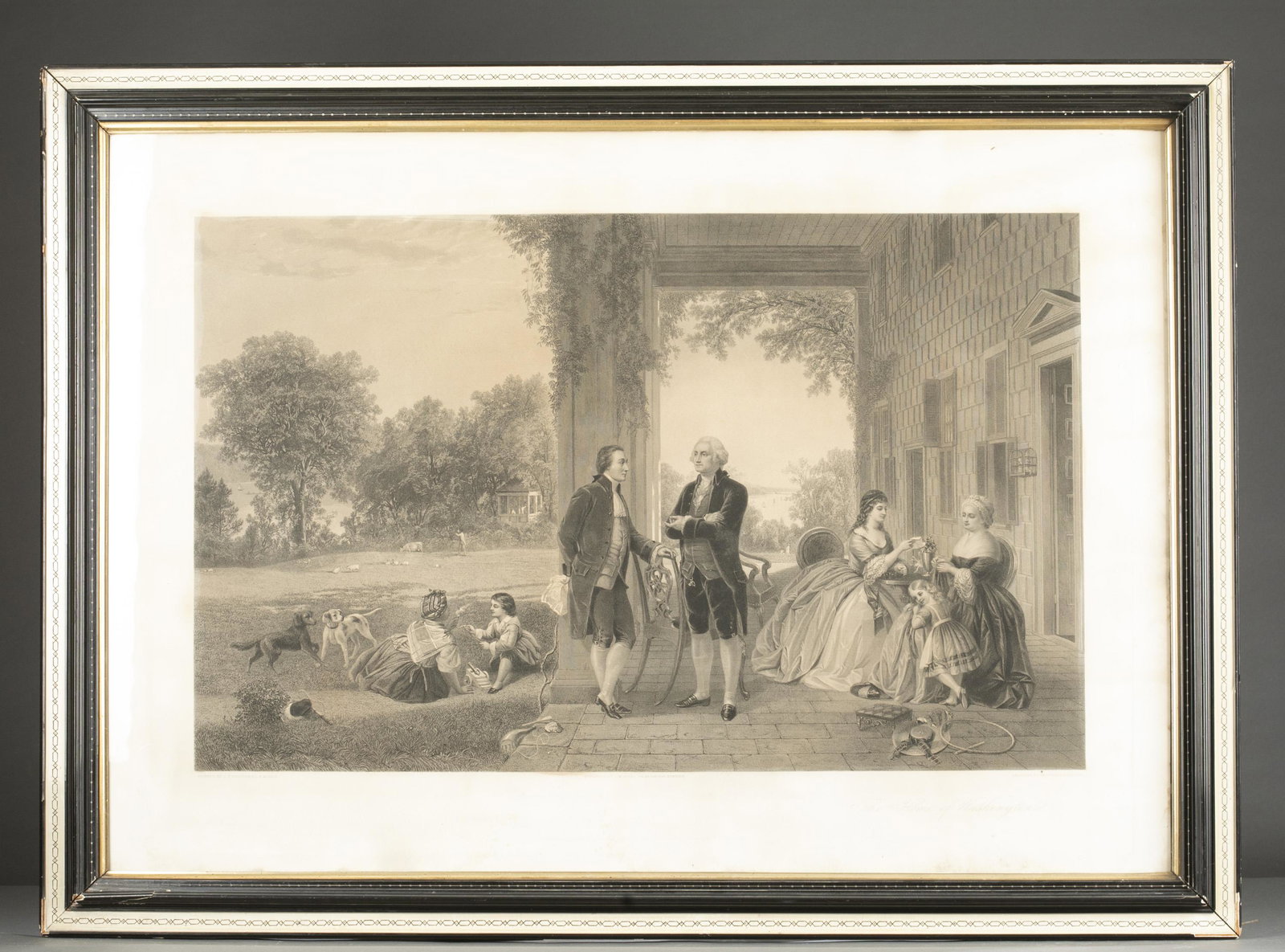 After Rossiter and Mignot. The Home of Washington.: [Engraving] After Thomas Pritchard Rossiter; Louis Remy Mignot. The Home of Washington. J. McClure, New York, c. 1850. Steel engraving. Engraved by Thomas Oldham Barlow. Depicts George Washington and 
