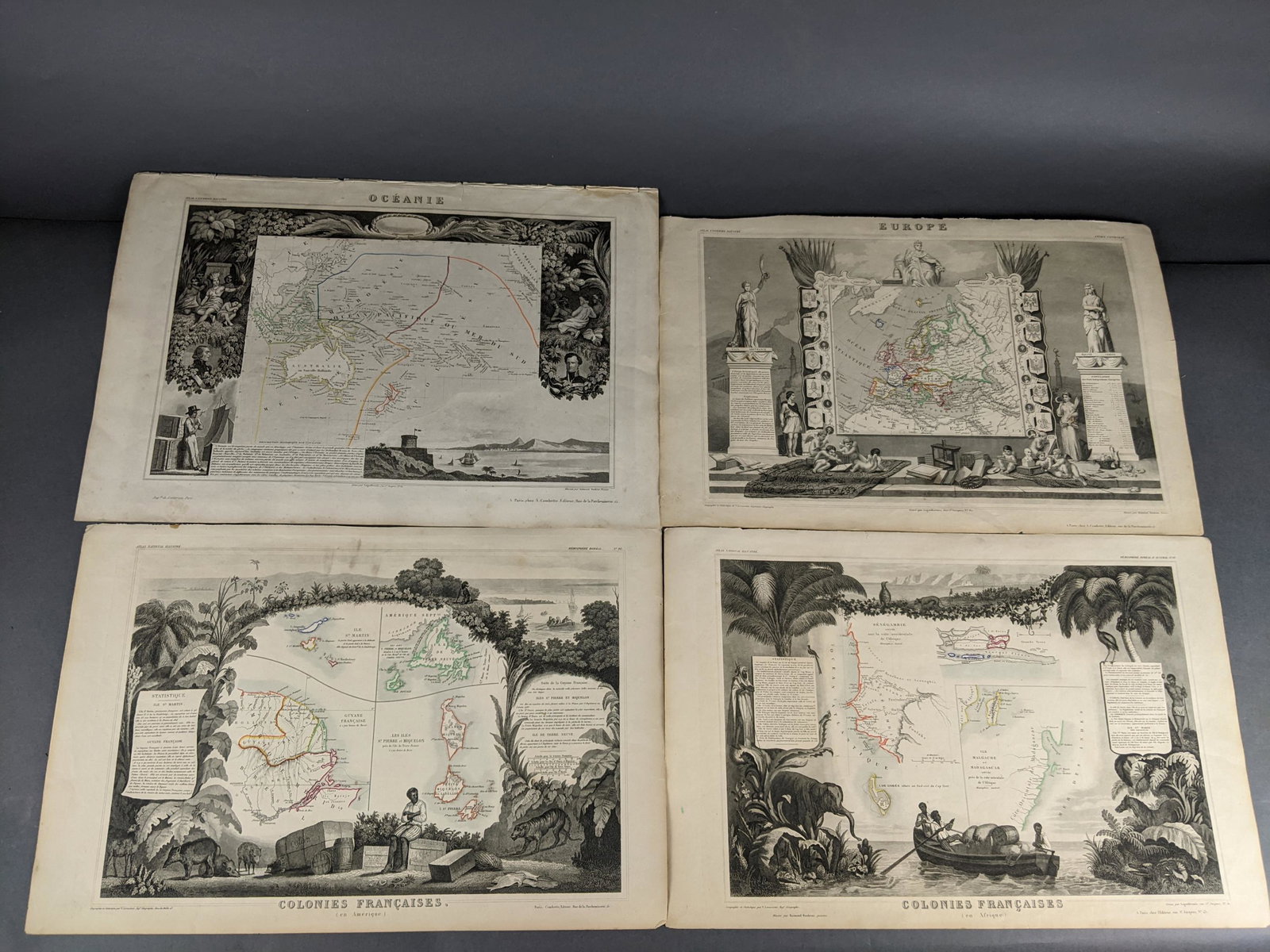 4 Maps; Atlas National Illustre Universal: [Engravings] Raimond Bonheur, maps include; Colonies Francais En Afrique and En Amerique, Europe and Oceanie. Measurements range between 20" x 13 1/2" to 20 1/2" x 17"Condition: Toning and staining, s