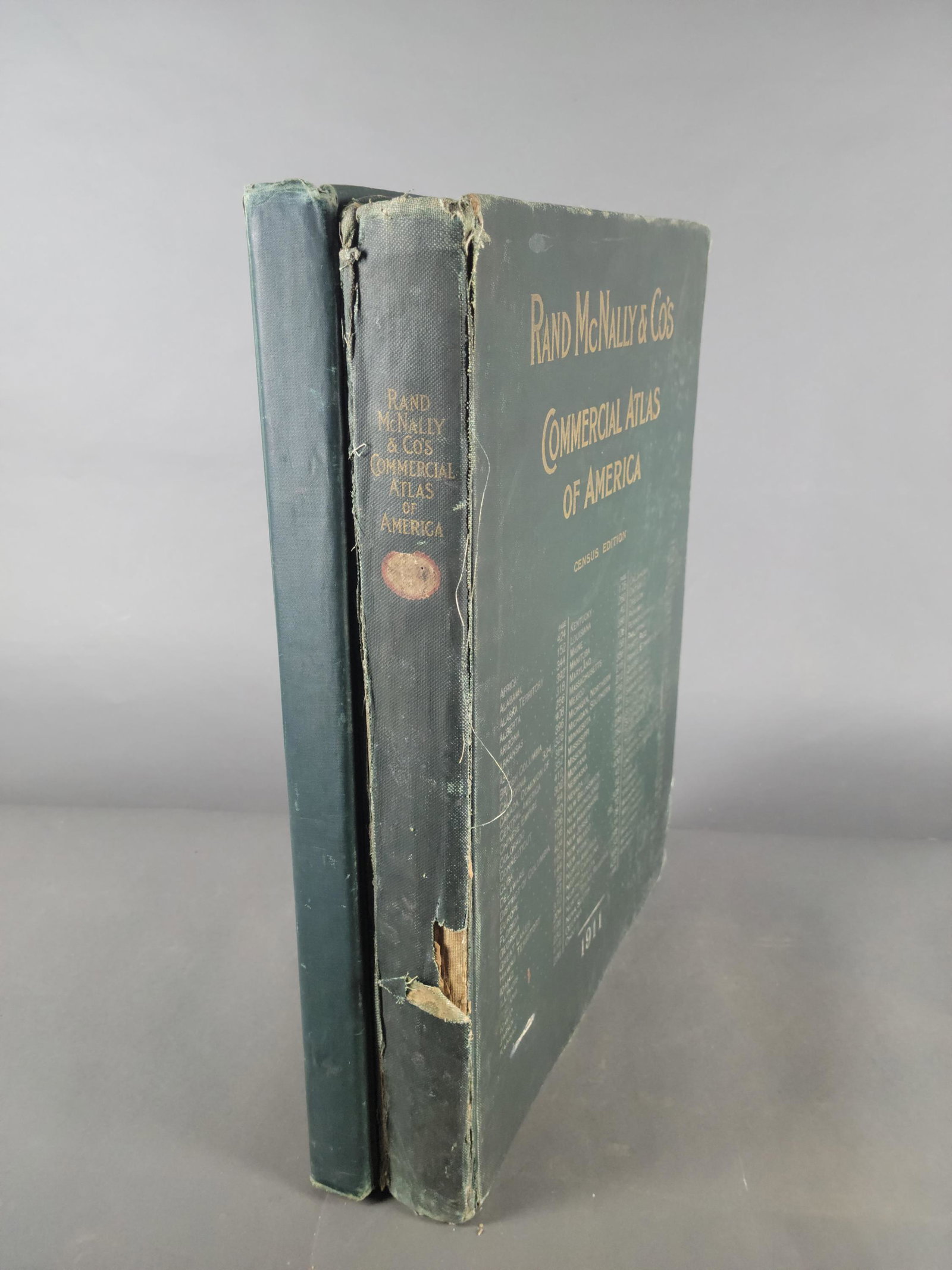 2 vols. Rand McNally Atlases.: [Map/Atlases] 2 volumes. Rand McNally Atlases. (1) Indexed Atlas of the World, 1908. (2) Commercial Atlas of America, 1911. Elephant folio. Original green cloth.Condition: Moderate rubbing, some spott