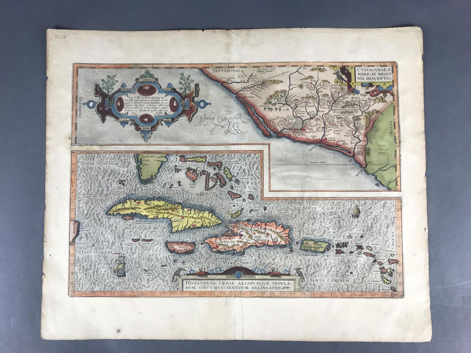 Ortelius. Culiacanae, Americae, Regionis. 1584.: [Map/Atlases] Culiacanae, Americae, Regionis, Descriptio; Hispaniolae, Cubae, Aliarumque Insularum. Antwerp, 1584. Hand colored copperplate engraved map on watermarked paper. Latin text on verso. Maps