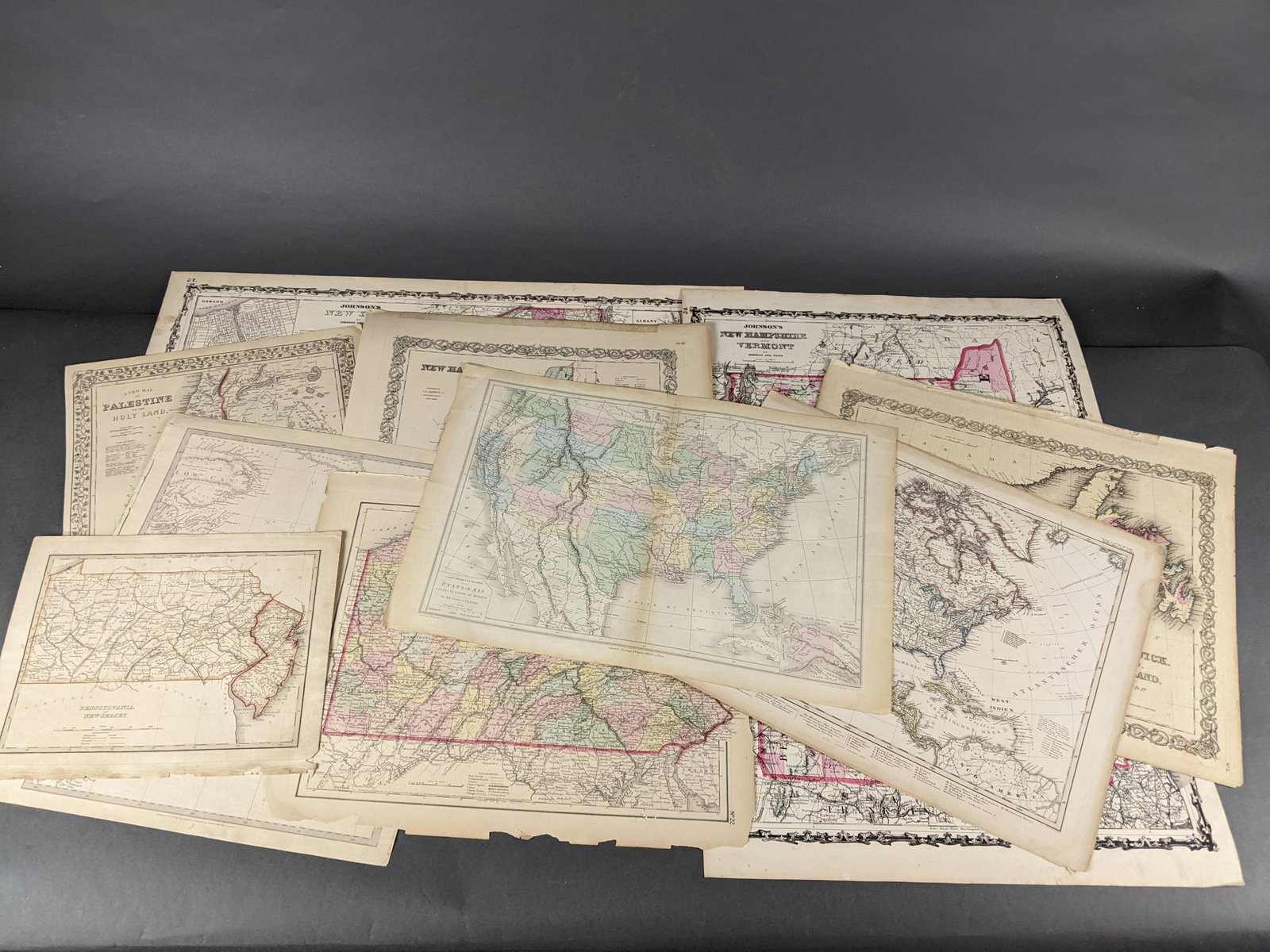 12 Maps Of North America and The United States: [Maps/Atlases] 12 engraved maps, most handcolored or outline. United States maps from Johnson's and Colton's atlas U.S state maps of Pennsylvania, New York, Vermont and West Virginia/Maryland/Virginia