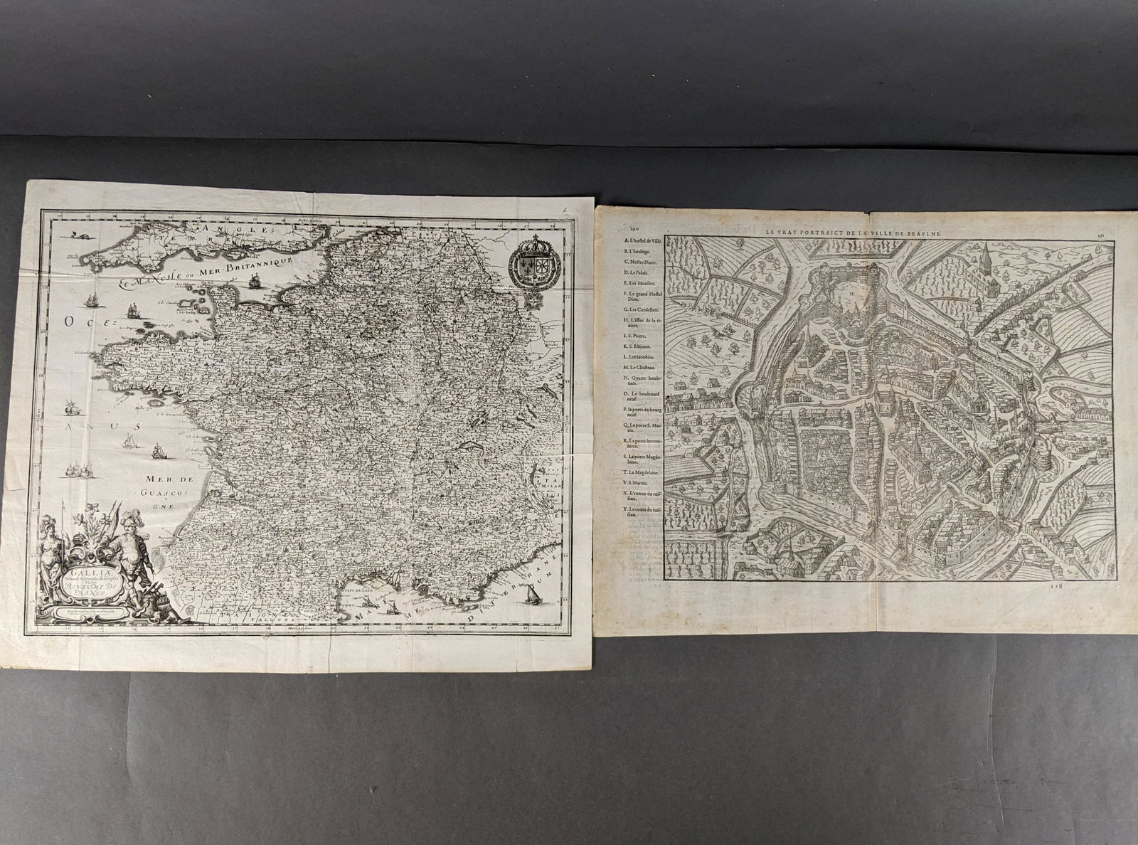 9 items. Map of France and City view of Beaulne.: [Maps/Atlases] 2 items. (1) Le Vray Portraict De la Ville De Beavlne. 16th century woodcut. French text on verso. Measures: 17 1/2" x 13". (2) Galliae Noveal Accurata descriptio Vulgo Royaume De Franc