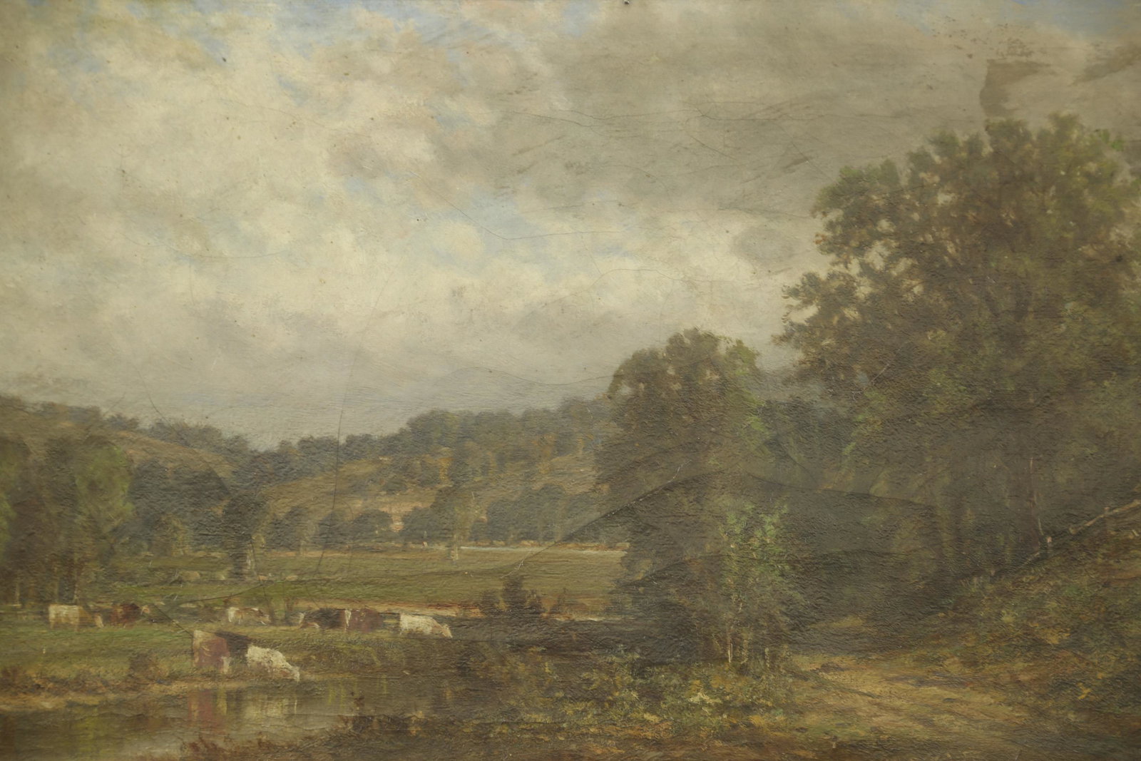 John Pope, Landscape, O/C.: Pope, John (New York, 1820-1880). Untitled, landscape depicting cows in a pasture. Oil on canvas. Signed l.l. Sight: 12" x 20". Frame: 21" x 29".Condition: Craquelure, chipping to paint and canvas on