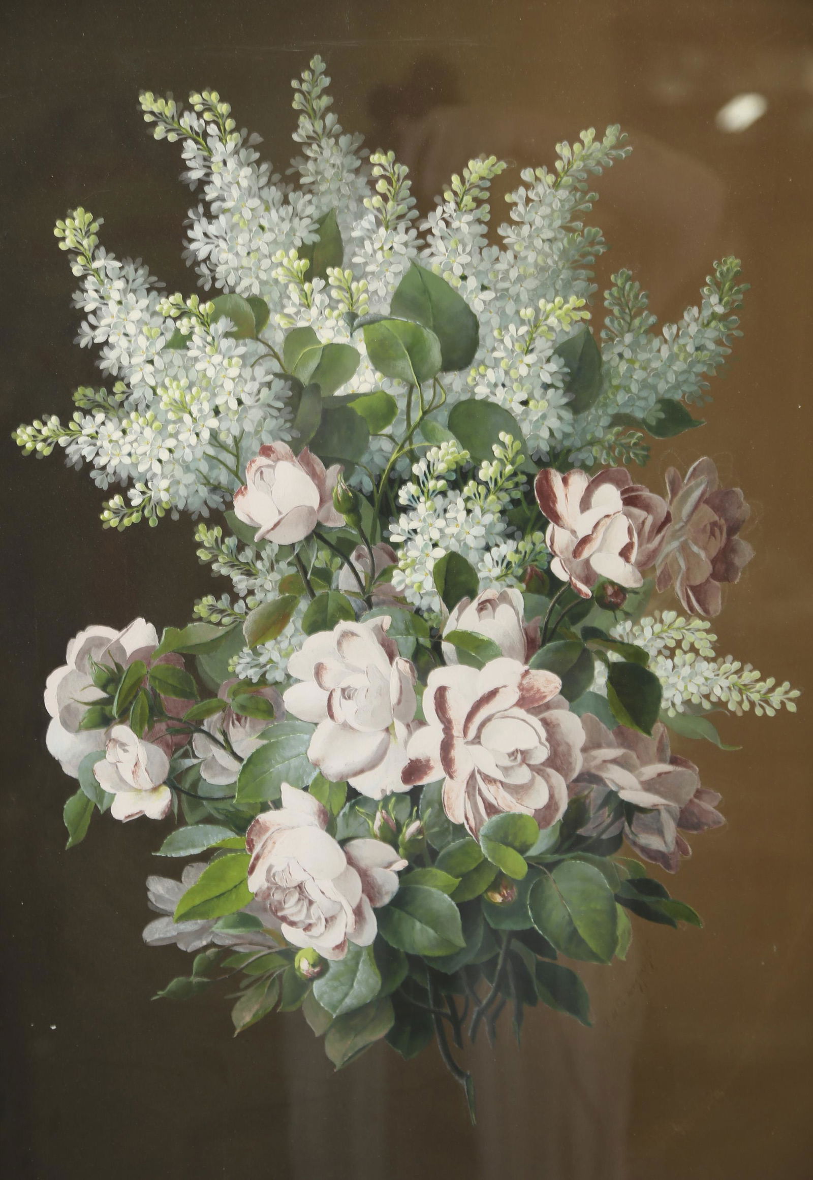 Longpre, Lilacs and Roses.: Raoul Victor Maurice Maucherat de Longpre (French, 1855-1911). Bouquet of lilacs and roses. Gouache on paper. Signed l.r. Sight: 28" x 20". Frame: 40 1/2" x 32 1/2".