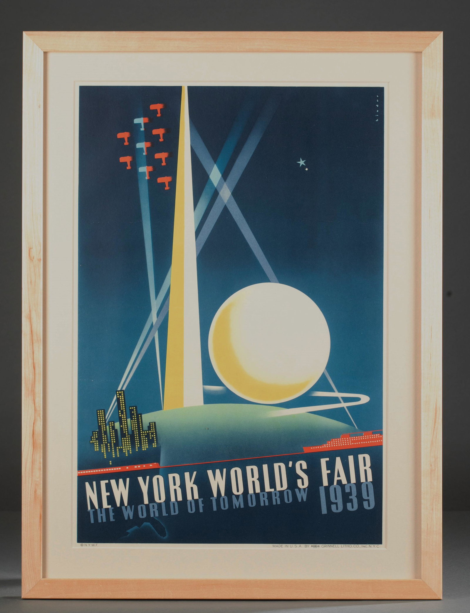 Binder, New York World's Fair, 1939, Litho.: Binder, Joseph (American 1898 - 1972). New York World's Fair, the World of Tomorrow, 1939. Color lithograph poster. N.Y.C. : Grinnelll Litho. Co., Inc. Copyright N.Y.W.F. Sight: 13" x 19 1/2". Frame: 