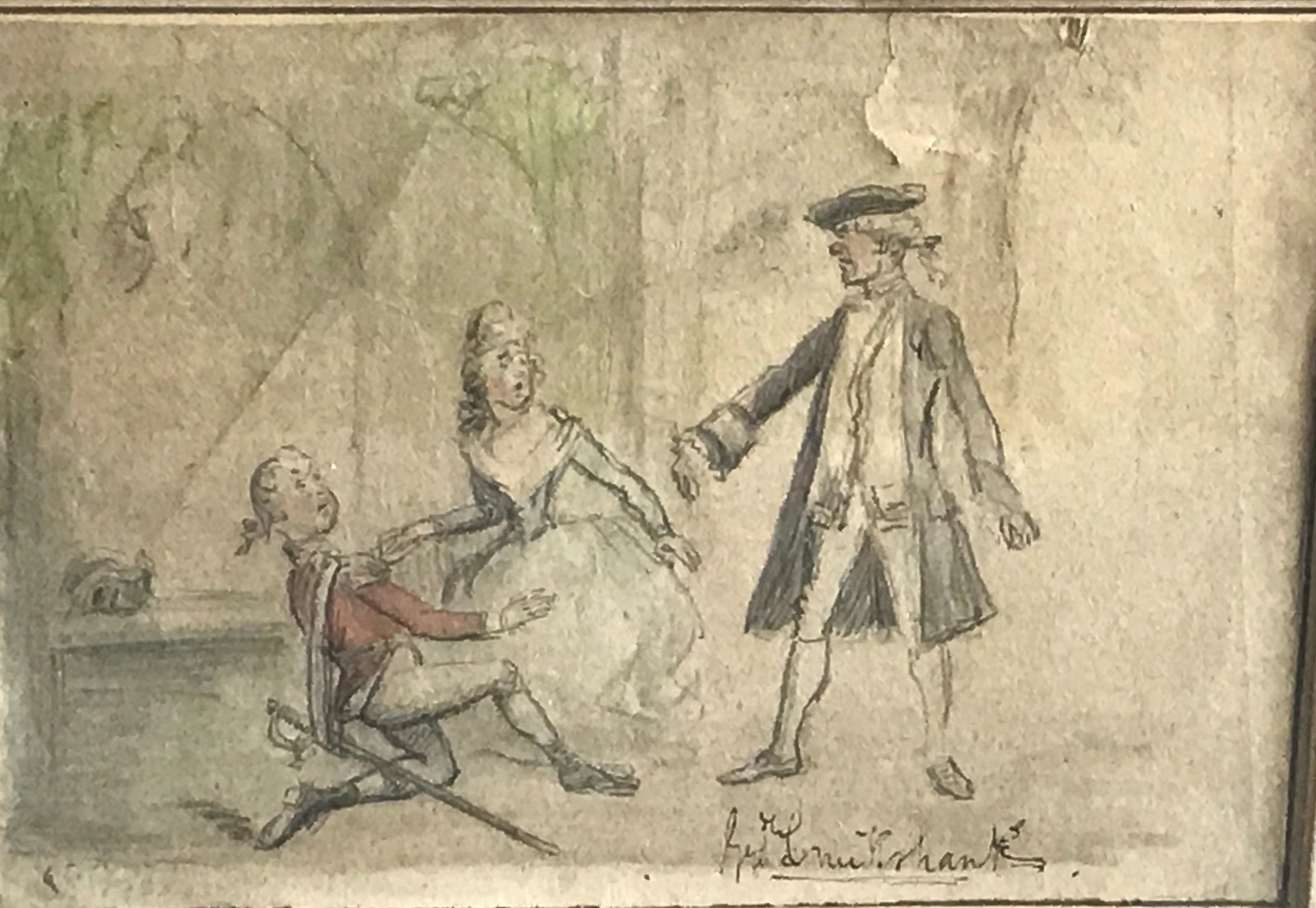 Cruikshank, Preparatory Drawing, early 19th c.: George I Cruikshank. Very finished graphite and watercolor drawing of a man judging a young soldier proposing to a shocked woman. Possibly a preparatory drawing for a similar illustration completed fo