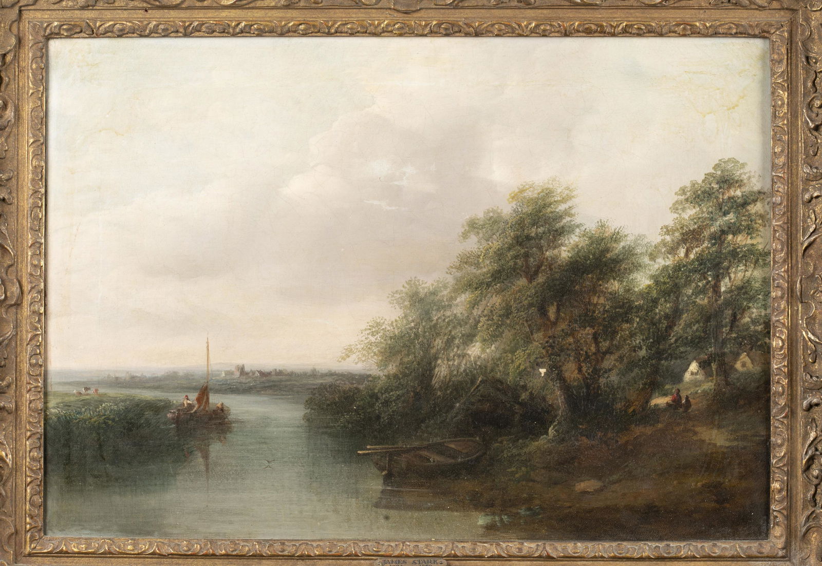 Attrib. James Stark, "Norfolk Landscape," O/C.: Attributed to James Stark (British, 1794-1859). "Norfolk Landscape." English country landscape. Oil on canvas. Unsigned. Label "Sale 7317 Lot 33" on verso. Sight: 13 1/2" x 19 1/2". Frame: 18" x 24".C