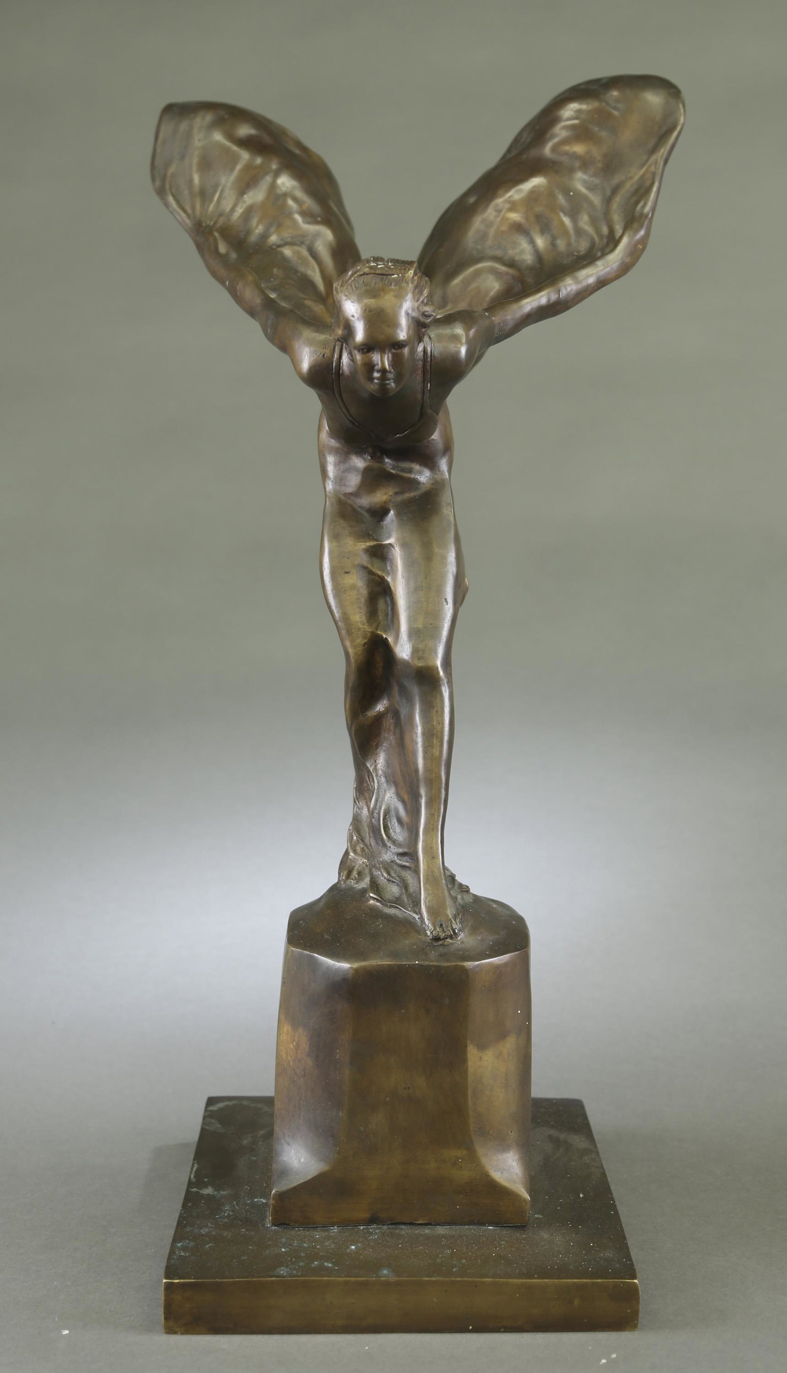 Sykes, Spirit of Ecstasy, bronze.: Charles Robinson Sykes (English, 1875-1950) for Rolls Royce. An automobile mascot Spirit of Ecstasy bronze. Signed on base. 28" x 14".