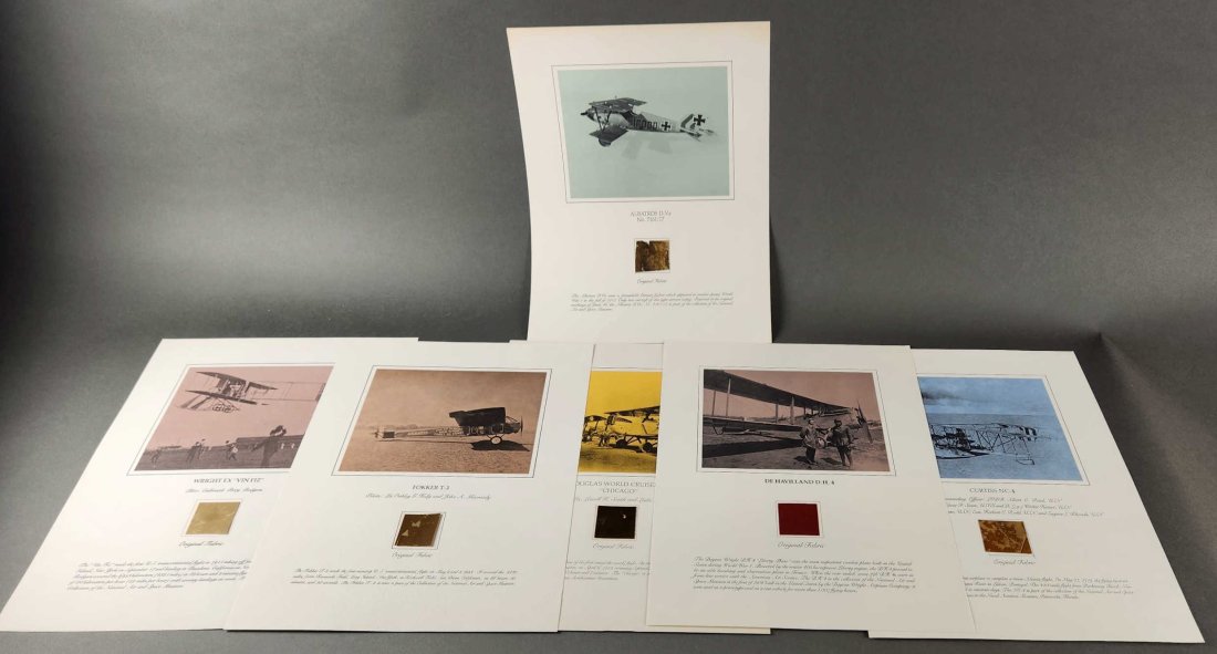 6 Historic airplane fabric swatch posters.: A group of three The Smithsonian National Air and Space Museum historic airplane fabric swatches on informational posters. 2" x 2" fabric swatches on 15" x 20" poster. Including from "Curtiss NC-4," "