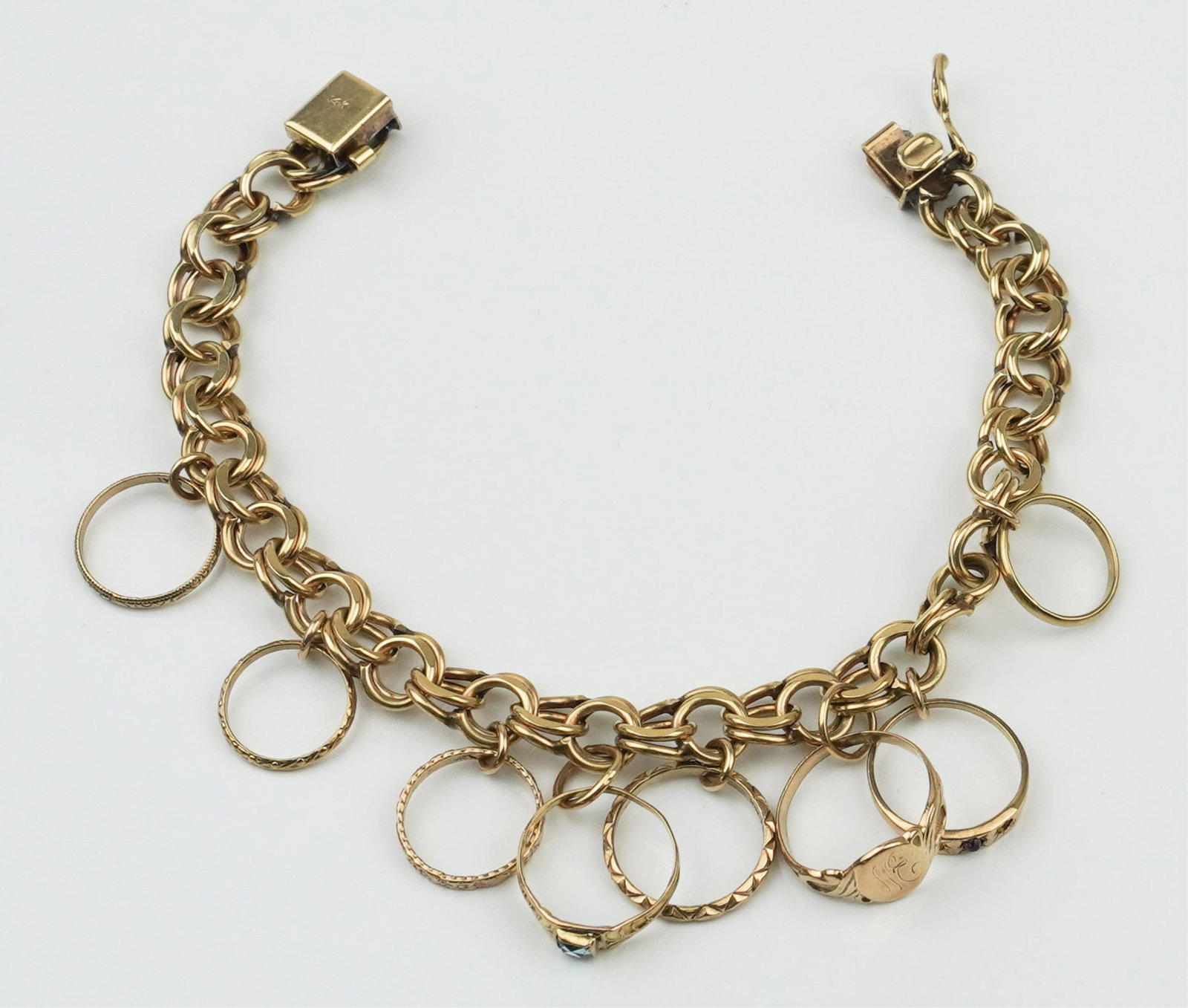 14KYG Double Link Charm Bracelet w/ 8 10KYG Rings (1 of 1)