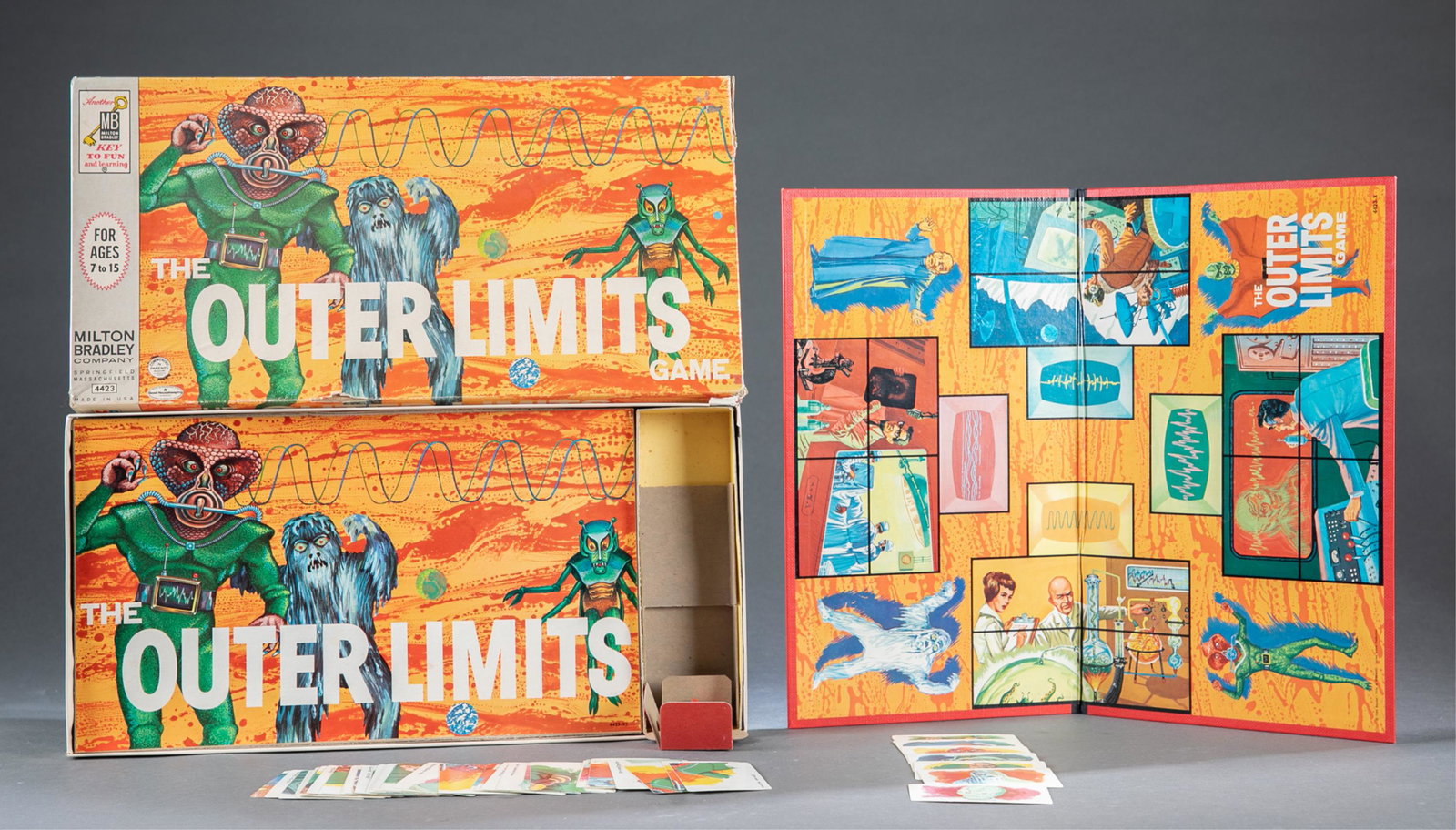 1964 MB The Outer Limits board CIB: A 1964 Milton Bradley The Outer Limits board complete in box. Includes 42 cards and game board.Condition: Tape on corners of lid, with one corner torn.