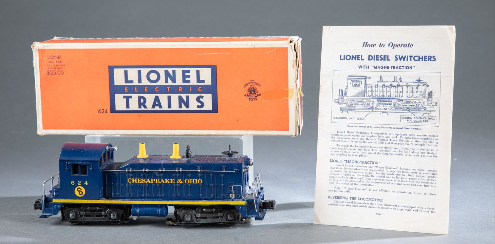 Lionel No. 624 NW-2 diesel switcher with original: A Lionel No. 624 Chesapeake & Ohio NW-2 diesel switcher with original box. Early variation with ten stanchions.Condition: Good condition. Light playwear. Damage to flaps on box. Untested.