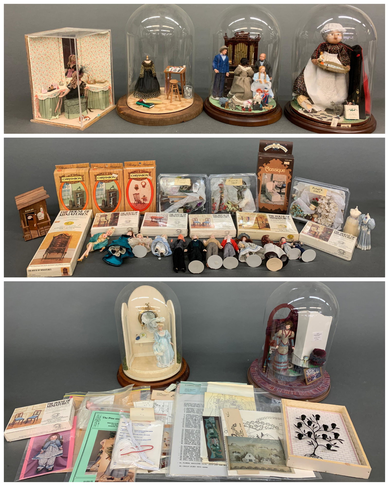 Miniature dioramas and kits.: A group of miniature dioramas, furniture kits, dolls, and patterns. Dioramas have loose parts and removable lids.