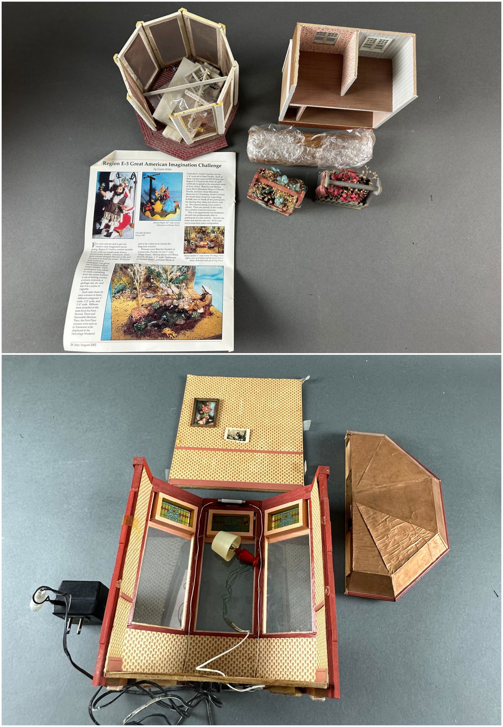 Miniature house pieces: A group of miniature items. Including a half-complete miniature house, miniature gazebo and kit with no roof, two flower boxes, and incomplete miniature diorama. Roof and back wall separate with light