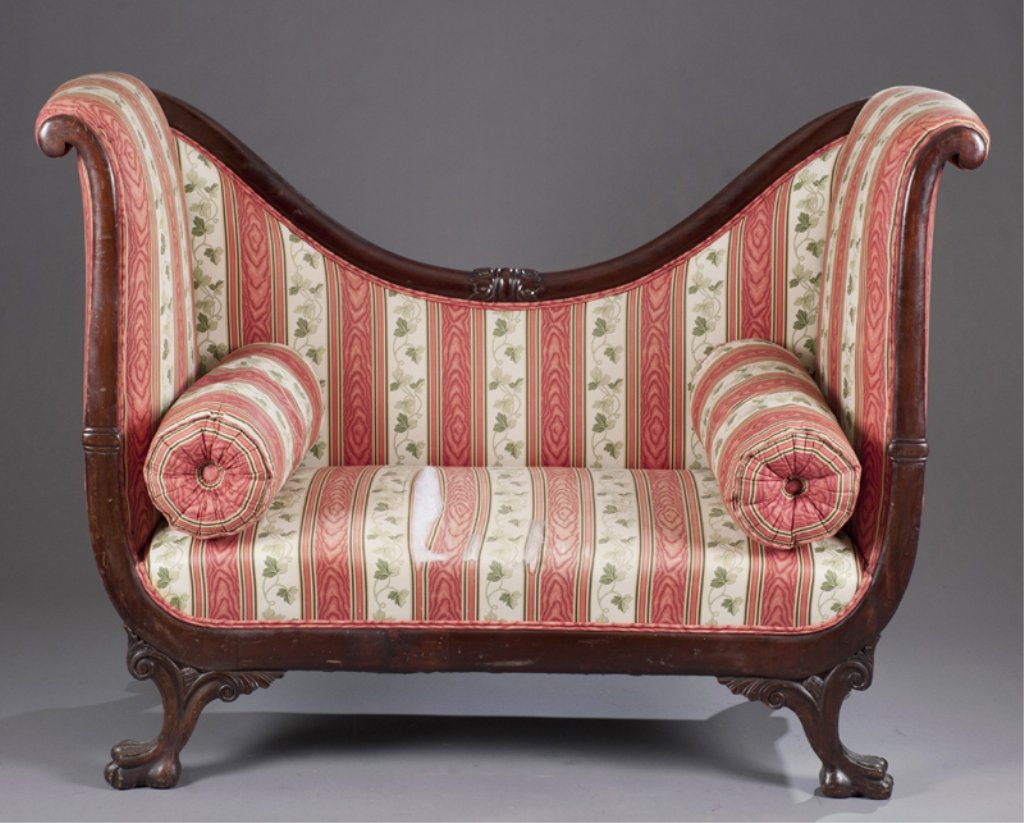 Empire bateau form settee / window seat.: Empire mahogany bateau form settee or window seat. Mid 19th century. 43"h x 58"w x 23"d.