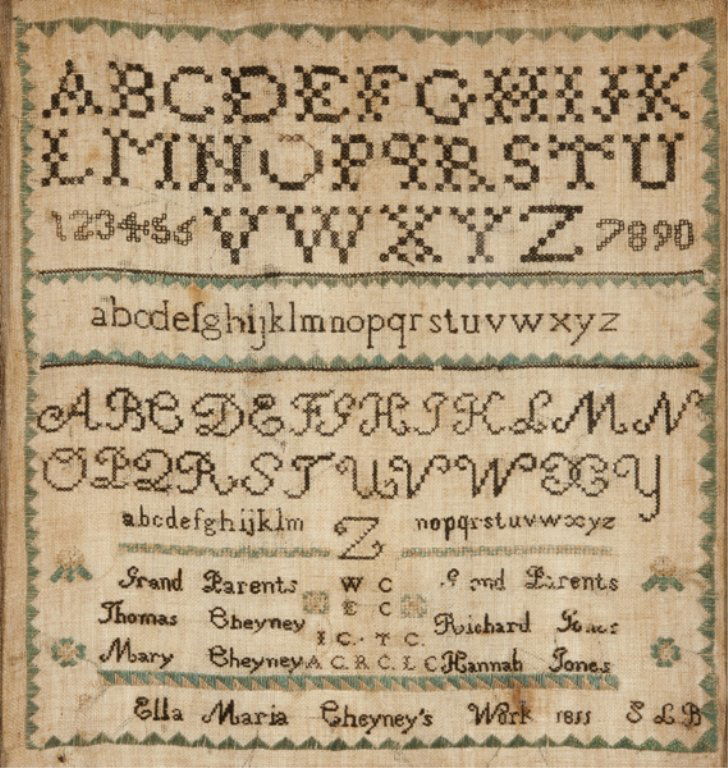 Am. 1855 sampler by Ella Maria Cheyney.: American genealogical and alphabet sampler by Ella Maria Cheyney. Dated 1855. Silk thread on linen. 13 1/3" x 12 1/3". Condition: Delicate ground with discoloration and some holes. Some inscription fa