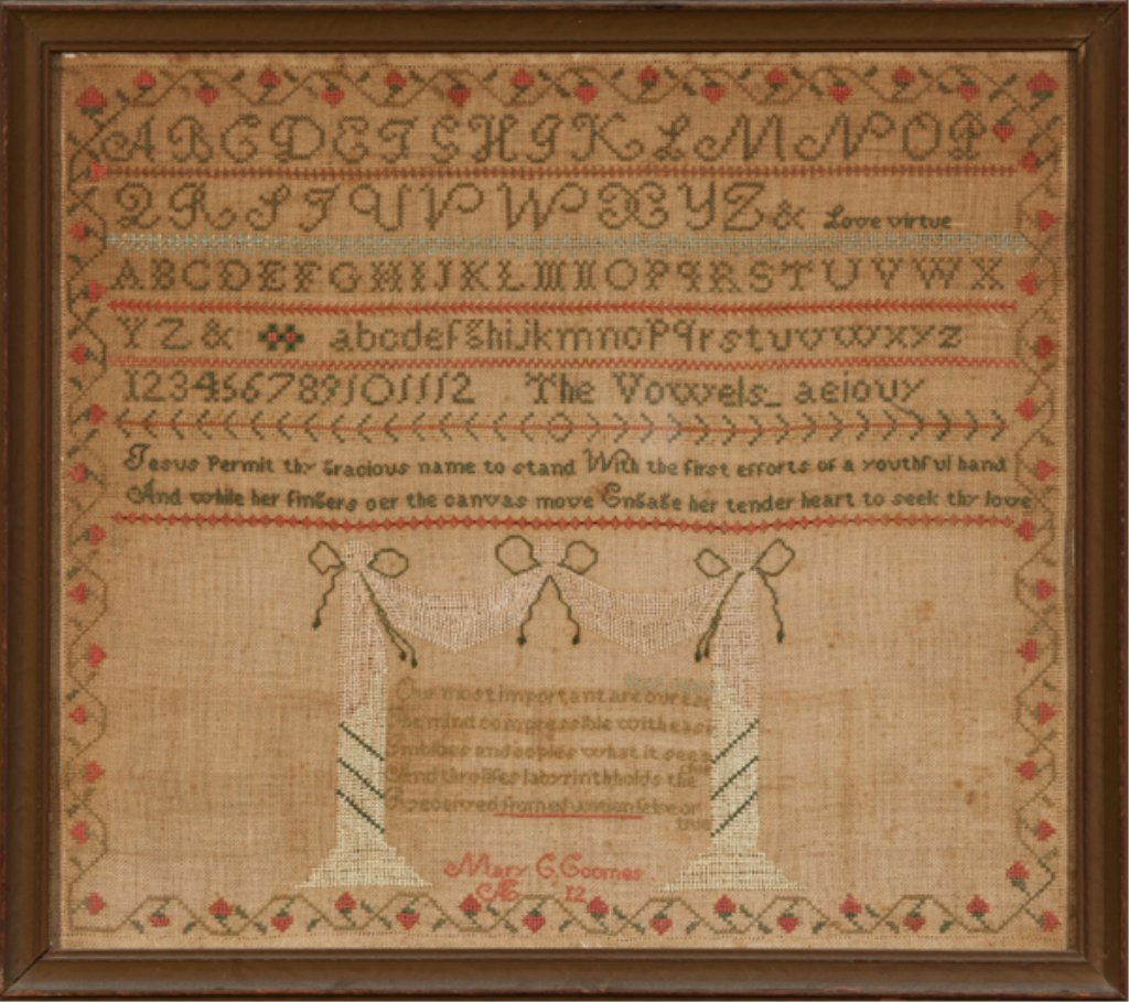 American alphabet sampler by Mary C. Coomes: American alphabet sampler by Mary C. Coomes. 19th century. Silk thread on linen. 16 1/2" x 18 3/4". Condition: Toned ground consistent with age.