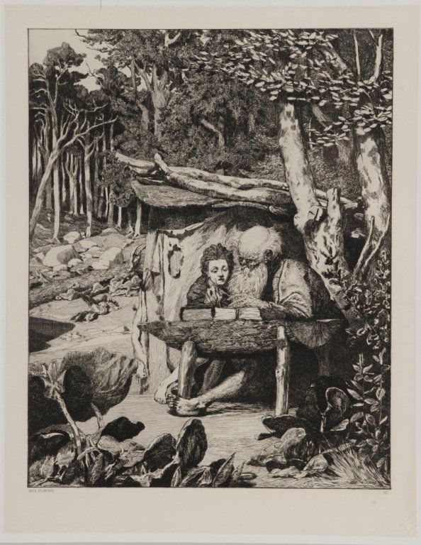 Max Klinger. Simplicius Scribestunde. No. VII.: Klinger, Max (Ger., 1857-1920). Simplicius Screibstunde. Etching. Number “VII” from the series “Intermezzi.” 11 ¼” x 9”. Sight condition near fine. Matted and framed under glass.