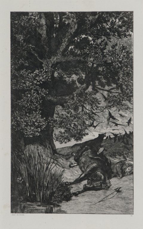 Max Klinger. Geffallener Reiter. No. XI.: Klinger, Max (Ger., 1857-1920). Geffallener Reiter [Fallen Rider]. Etching with Aquatint. Number “XI” from the series “Intermezzi.” 12 5/8” x 7 ¾”. Minor marginal foxing, sight condition