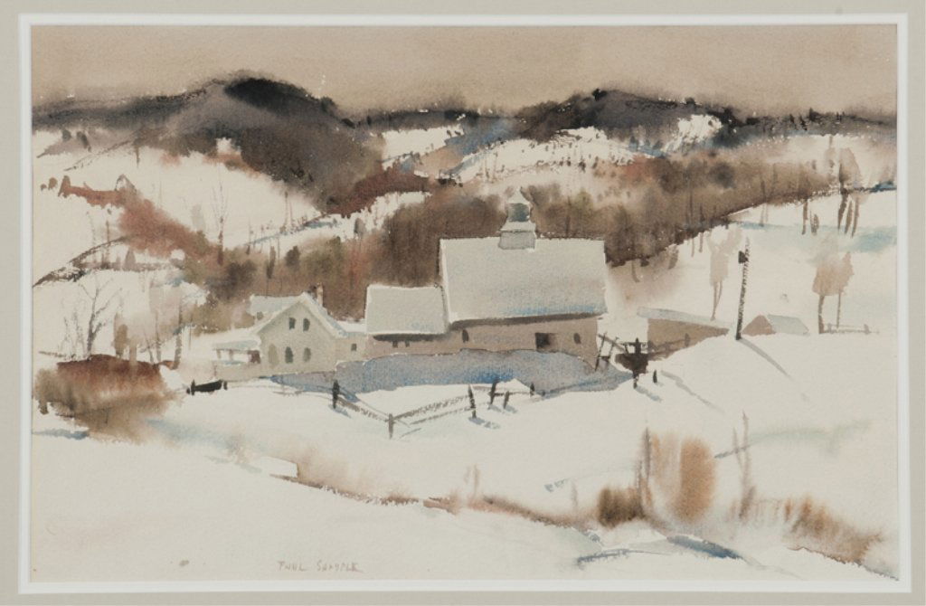 Paul Starrett Sample watercolor, winter scene.: Sample, Paul Starrett (New Hamp./Cali., 1896-1974). Winter landscape with house. Watercolor on paper. Signed at l.c., "Paul Sample". Framed and matted under glass. Sight: 11 1/4" x 17". Frame: 20 1/4"
