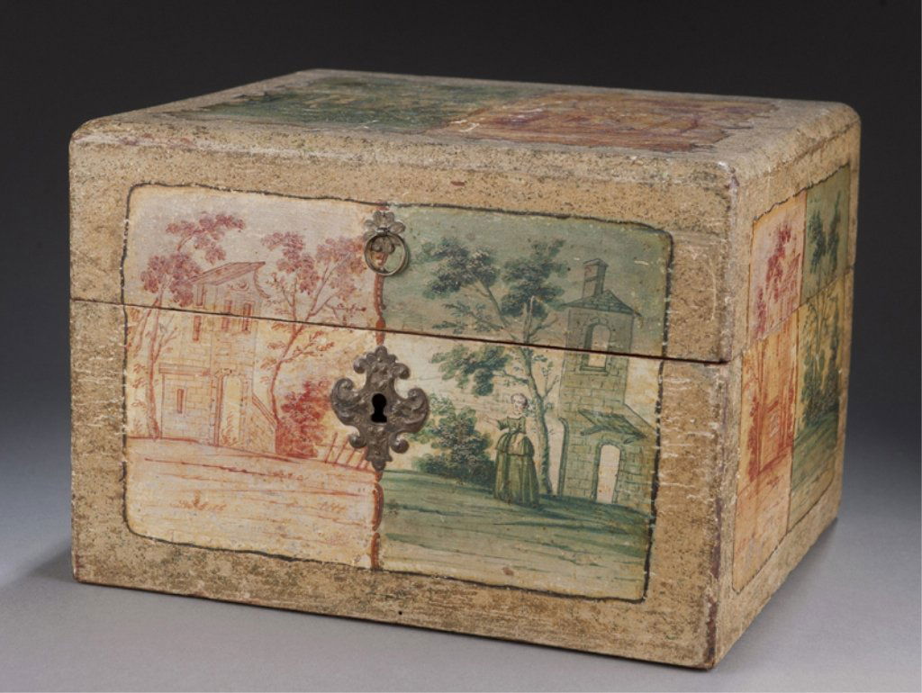 Late 18thC hand painted dresser box.: Continental Rococo hand painted dresser box. Late 18th century. 6 1/2"h x 9 1/2"w x 8 1/4"d. Provenance: From a private collection. Condition: Interior restored. Nicks, scratches, and loss throughout.