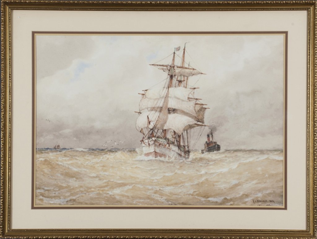 Frederick James Aldridge watercolor of ships.: Aldridge, Frederick James (Eng., 1850-1933). Ships at sea with grey sky. Watercolor on paper. Signed at l.r., "F.J. Aldridge 1914". Matted and framed under glass. Sight: 20" x 29". Frame: 28" x 37". C