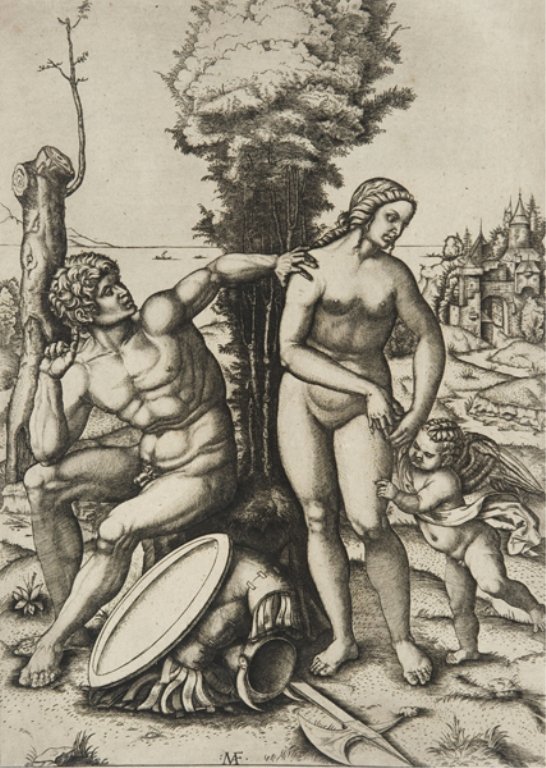 3 Old Master Prints, After Marcantonio & Romano.: Group of three etchings on laid paper. Old Master Later restrikes or reproductions. ++Marcantonio Raimondi (It., 1480-1534) Mars, Venus, & Cupid. 11 1/2" x 8 1/4". ++ God Appearing to Noah. Etching af