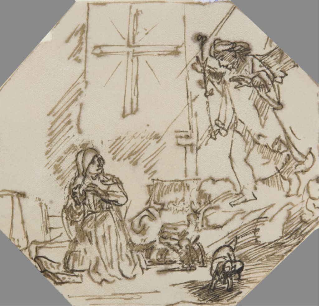 2 Rembrandt School religious ink drawings.: Group of two School of Rembrandt Harmensz Van Rijn sepia ink and pen on laid paper. Both after Willem Drost or Ferdinand Bol. (17th century). ++ The Annunciation. Octagonal panel. 5 3/4" x 6". ++ Jesu