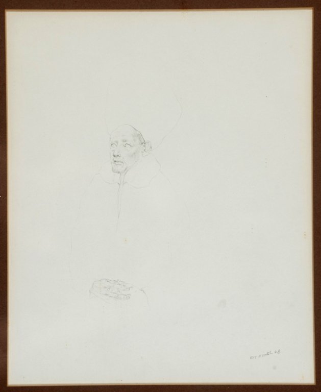 Rafael Coronel signed pencil drawing.: Coronel, Rafael (Mex., b. 1931). Figure with crossed hands. Pencil on paper. Signed at l.r., "RCoronel 68". Matted and framed under glass. 9 3/8" x 7 3/4". Frame: 14 1/2" x 12 1/2". Condition: Toning