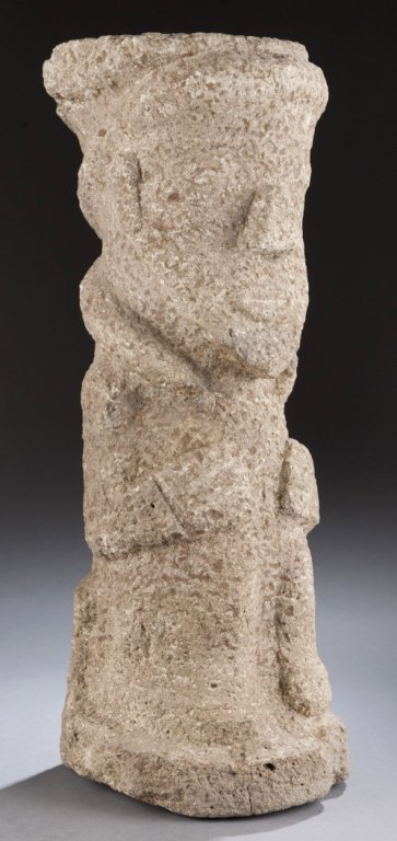 Pre Columbian stone figure/statue.: Pre-Columbian rounded carved stone abstract figural statue. 18"h x 6"w x 7 1/2"d. Condition: Wear consistent with age.
