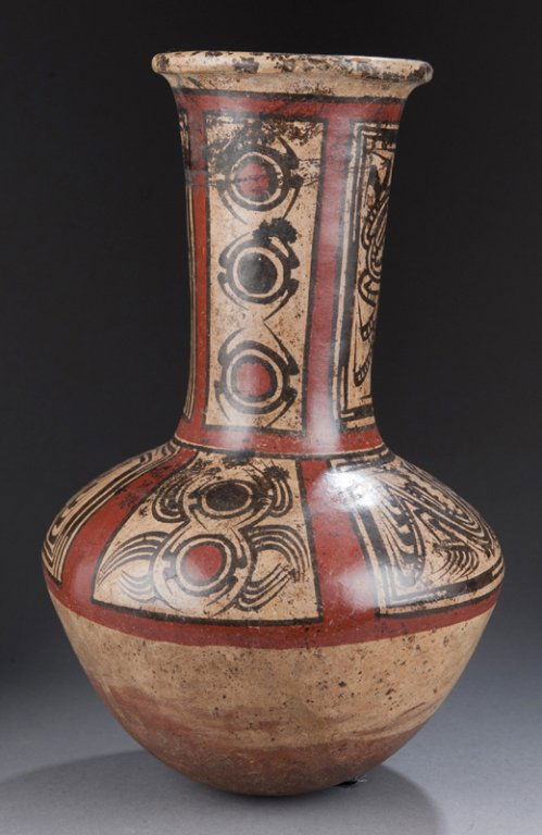 Long necked jar w/ spider motifs & polychrome.: Possibly Nazca South American earthenware jar. Pre-columbian. 13"h x 8"d. Condition: Restoration along bottom.