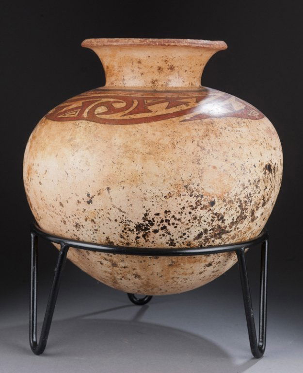 South American amphora-form jar w/ polychrome.: Possibly Nazca South American earthenware amphora-form jar. Pre-columbian. 13"h x 14"d. Condition: Glaze loss. Chips in side. Scratches on bottom.