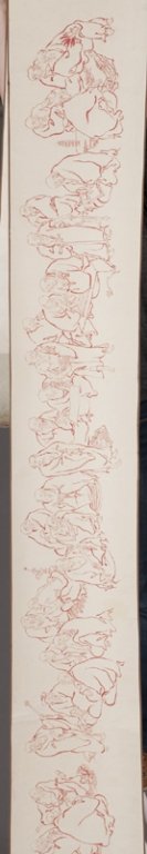 Chinese scroll w/ block prints of Buddhist figs.: Chinese ink and gouache on paper printed scroll of Buddhist figures. 20th century. Two panels of calligraphic inscriptions with four seals: each 26 1/2" x 13". Scroll: 14' 11" x 13".