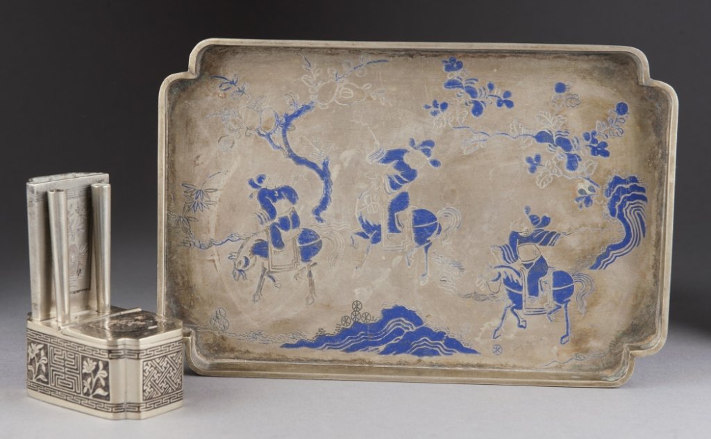 19th century Chinese Paktong Inlaid Ink and tray.: Chinese paktong ink box and tray. 19th Century. Ink box: 3 5/8"h x 3"w. Tray: 6"l x 9"w. Condition: Some residue and missing black niello throughout ink box. Residue throughout tray.